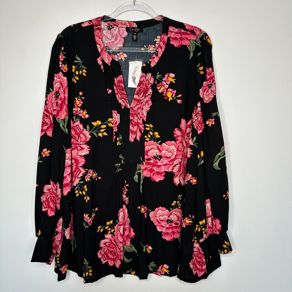 Jessica Simpson Popover Tunic Top Size 3X Black Floral Roses Pintuck
